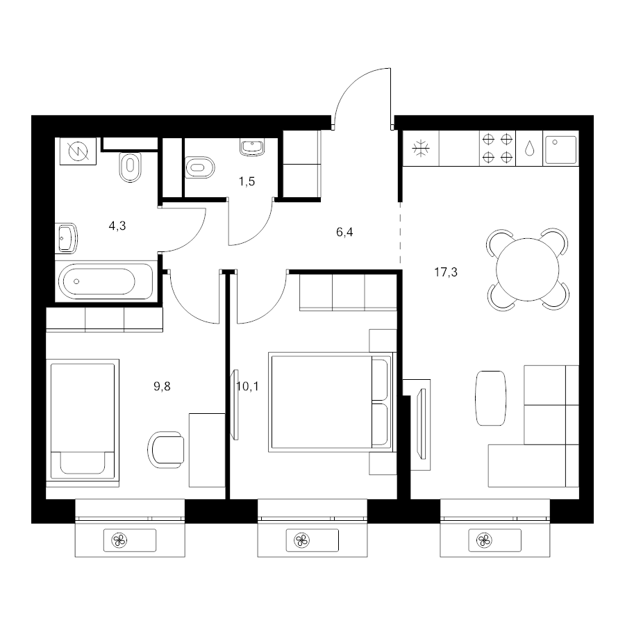 3 ккв (Евро) 49,4 м²