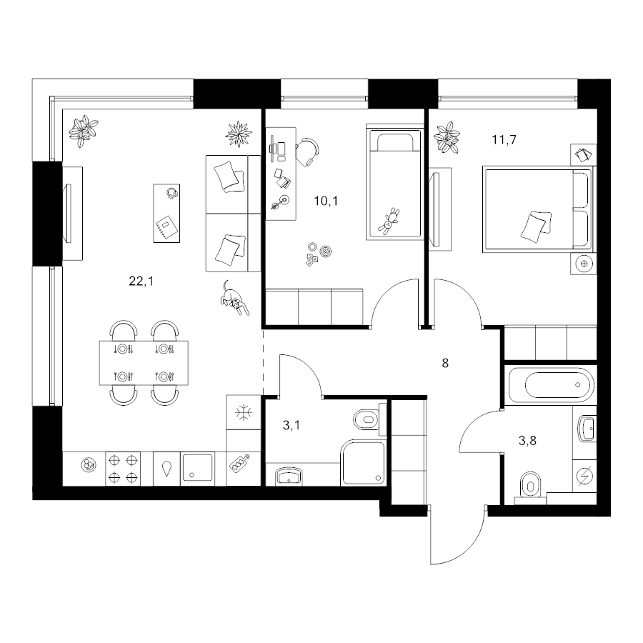 3 ккв (Евро) 58,8 м²
