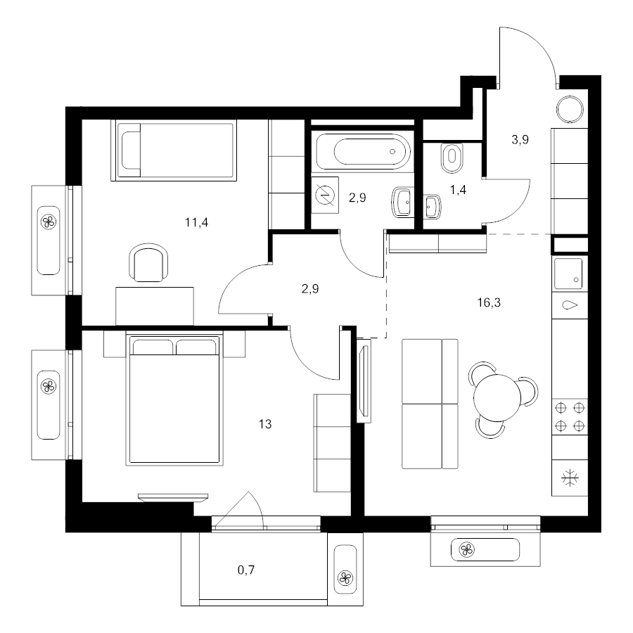 3 ккв (Евро) 52,5 м²