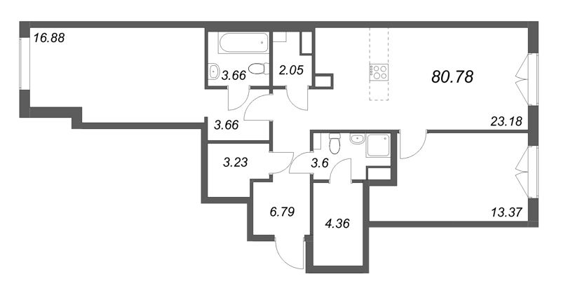 3 ккв (Евро) 80,8 м²