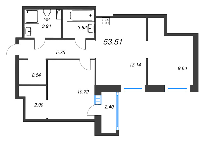 2 ккв 53,5 м²