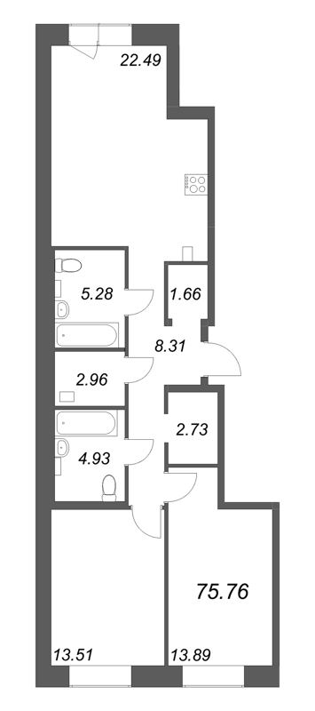 3 ккв (Евро) 75,8 м²