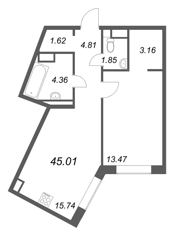 2 ккв (Евро) 45 м²