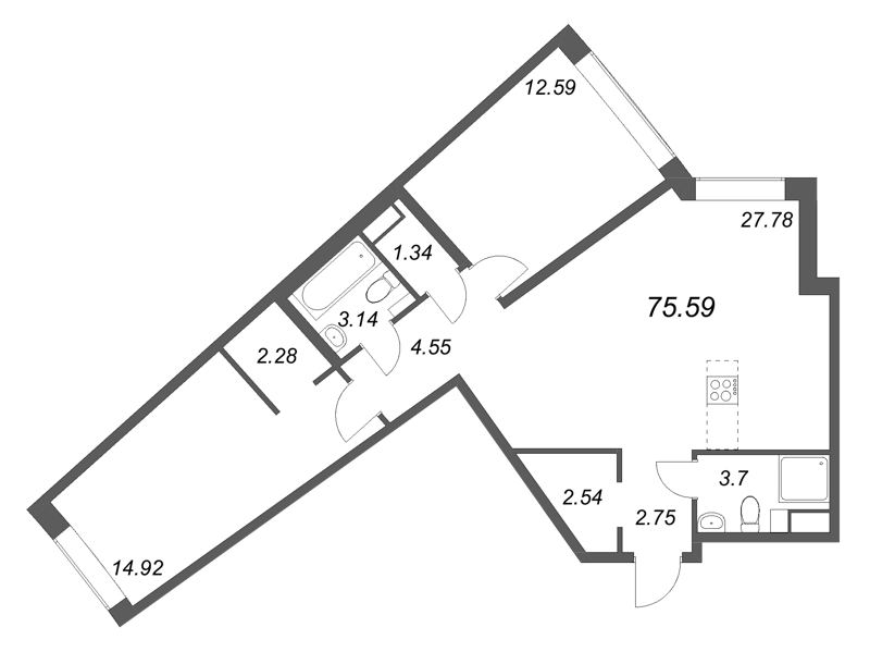 3 ккв (Евро) 75,6 м²