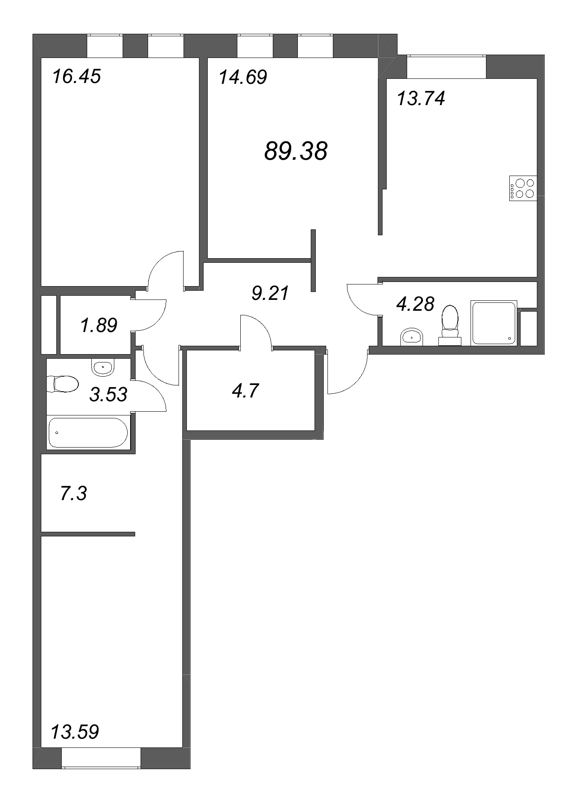 3 ккв 89,4 м²
