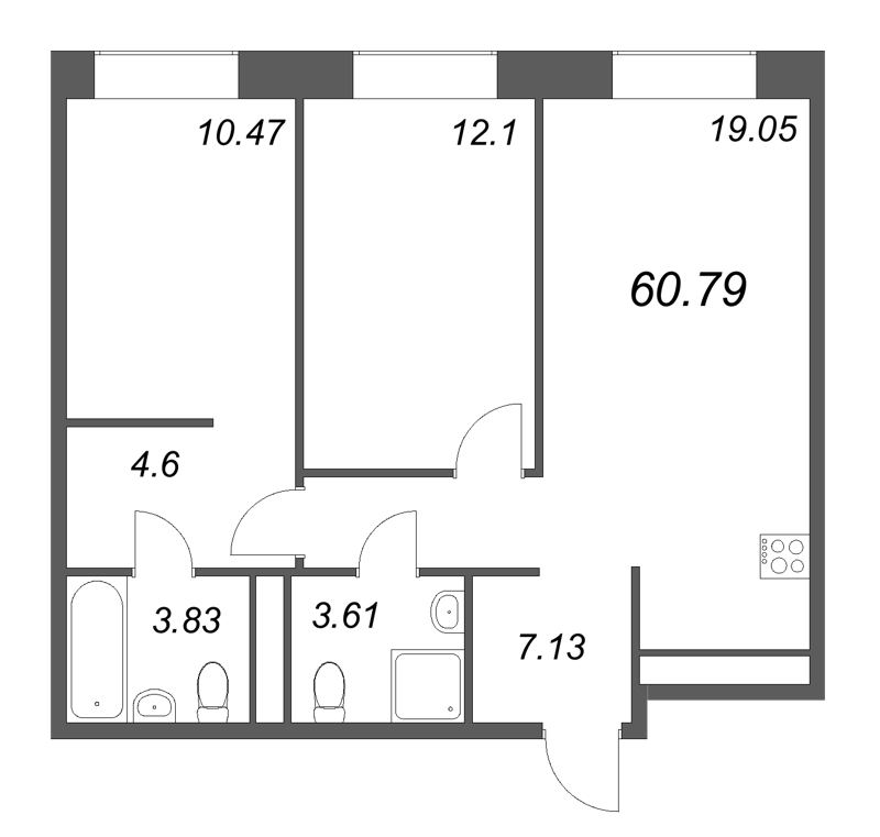 3 ккв (Евро) 60,8 м²