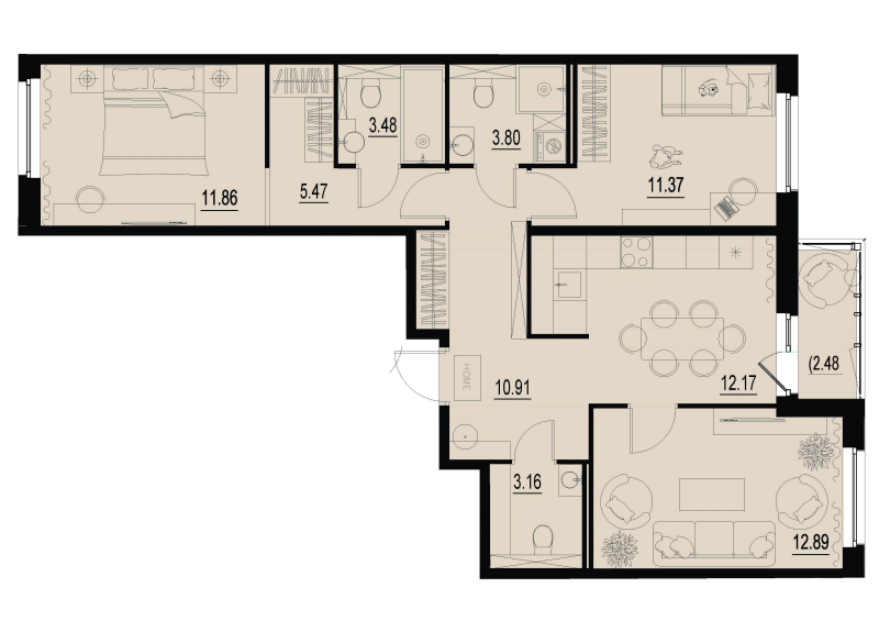 3 ккв 76,4 м²