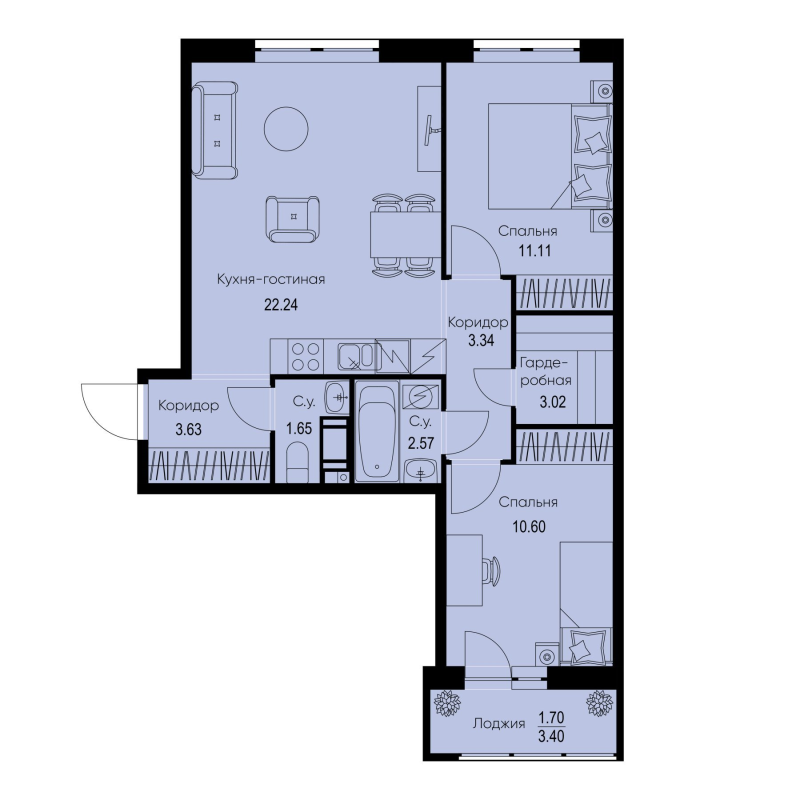 3 ккв (Евро) 59,9 м²