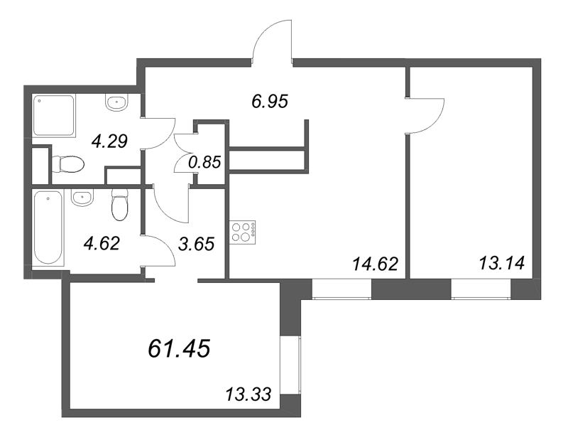 2 ккв 61,5 м²