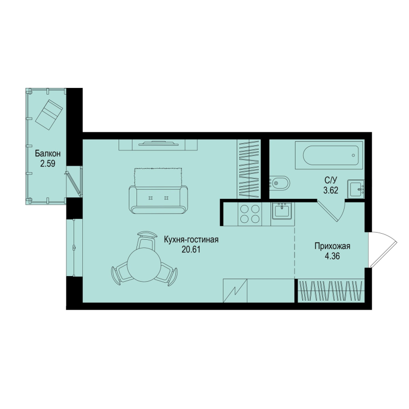 Студия 29,4 м²