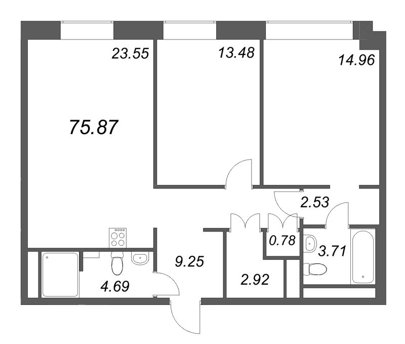3 ккв (Евро) 75,9 м²