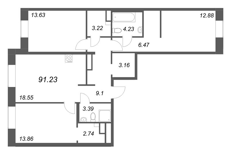 4 ккв (Евро) 91,2 м²
