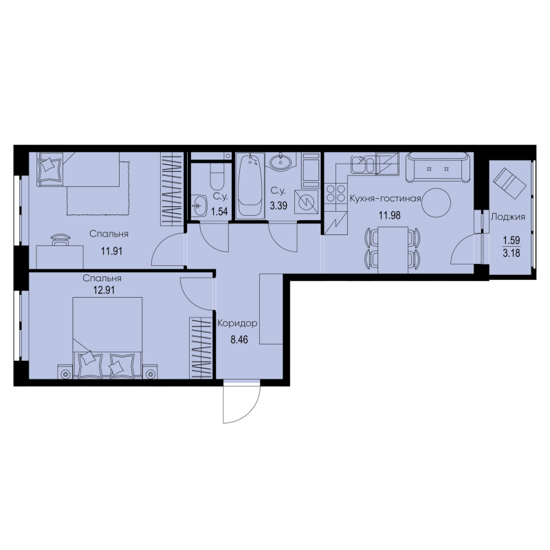 2 ккв 51,8 м²
