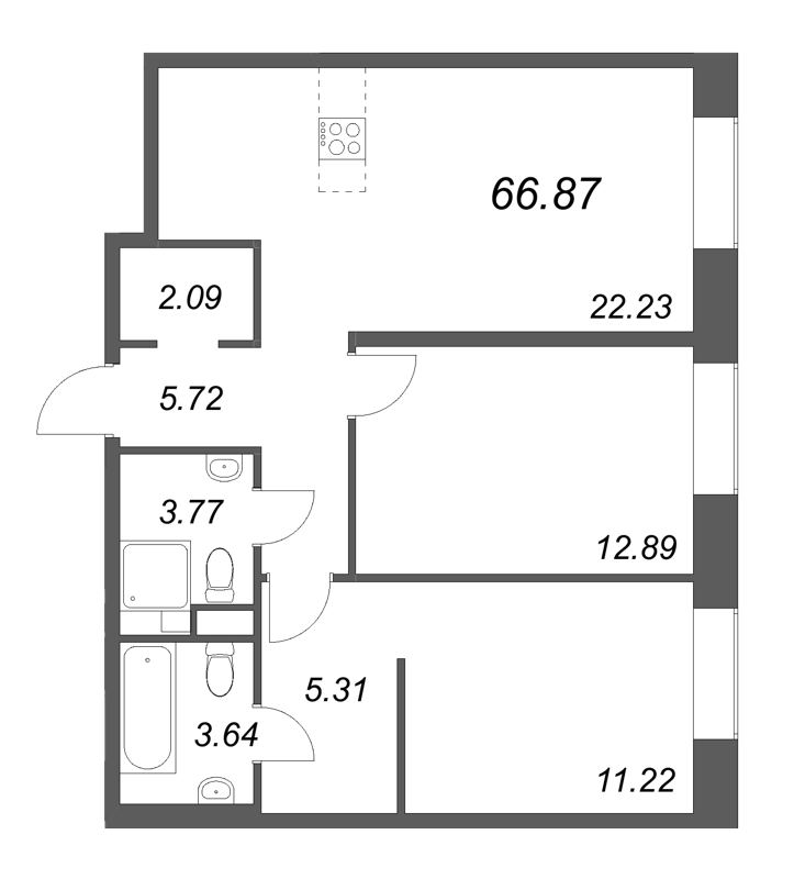 3 ккв (Евро) 66,9 м²