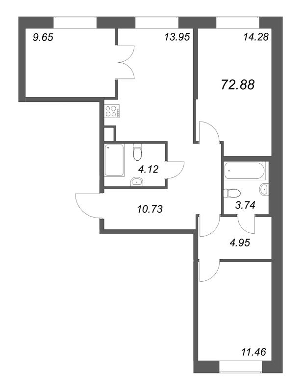 3 ккв 72,9 м²