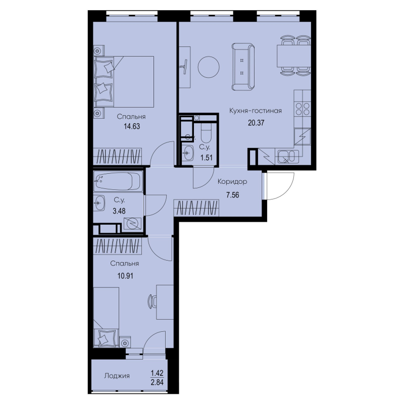 3 ккв (Евро) 59,9 м²