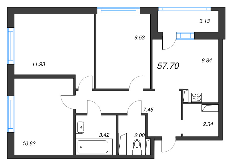 3 ккв 57,7 м²