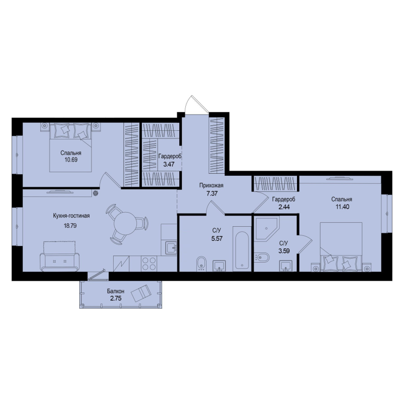 3 ккв (Евро) 64,1 м²