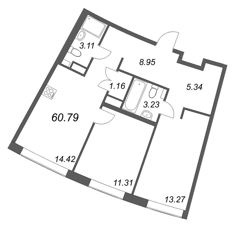 2 ккв 60,8 м²