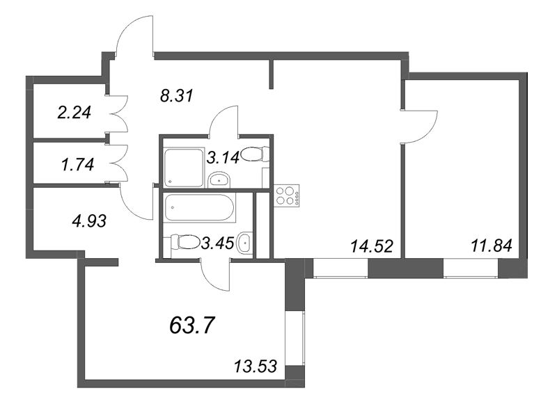 2 ккв 63,7 м²