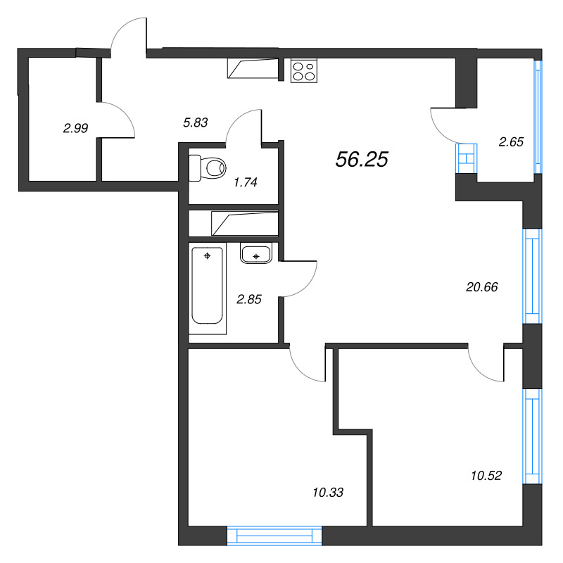 3 ккв (Евро) 56,3 м²