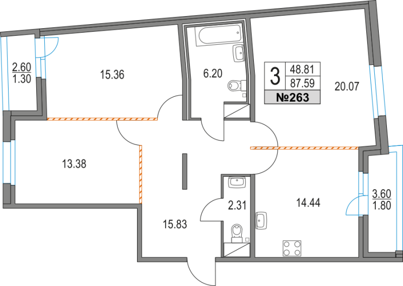 3 ккв 87,6 м²