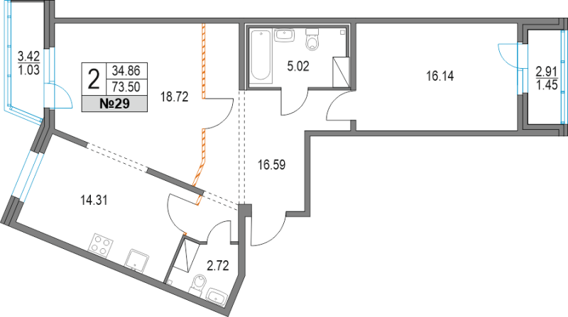 2 ккв 73,5 м²
