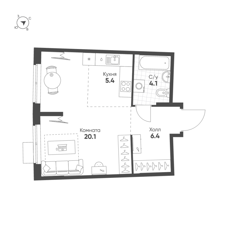 Студия 36 м²