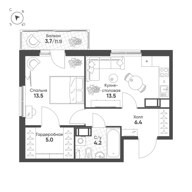 1 ккв 43,7 м²