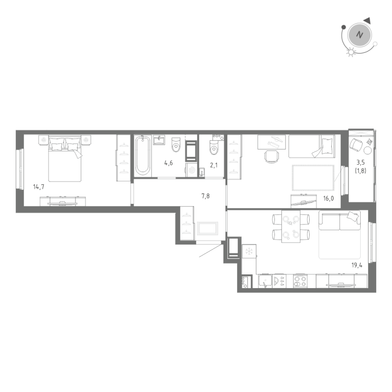 3 ккв (Евро) 66,4 м²