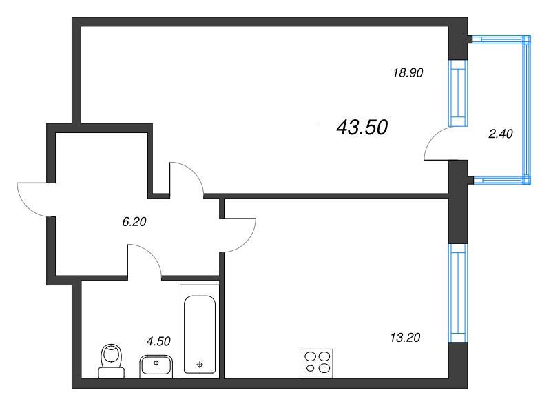 1 ккв 43,5 м²