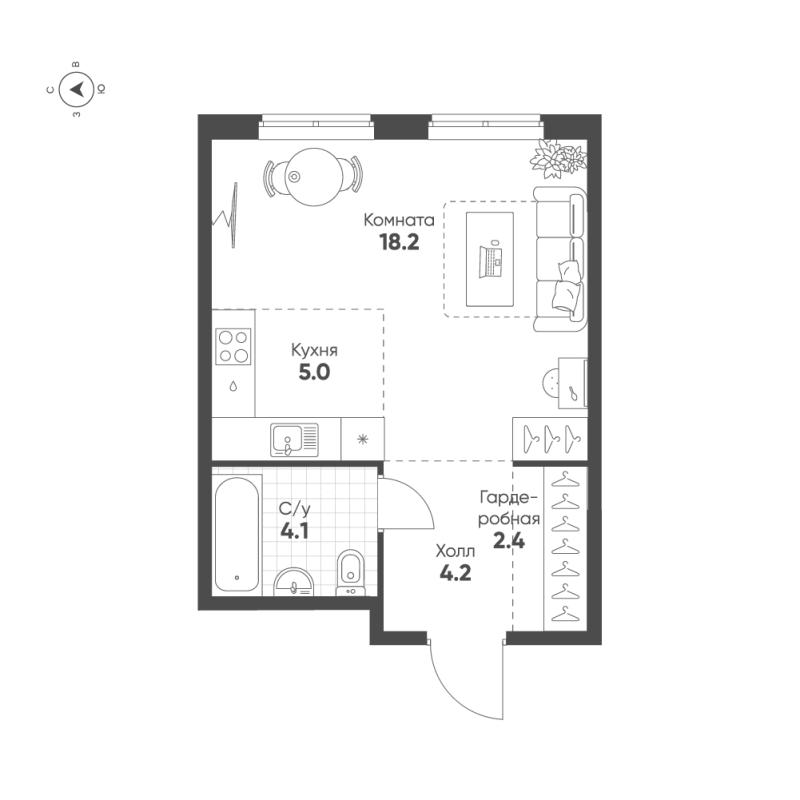 Студия 33,9 м²