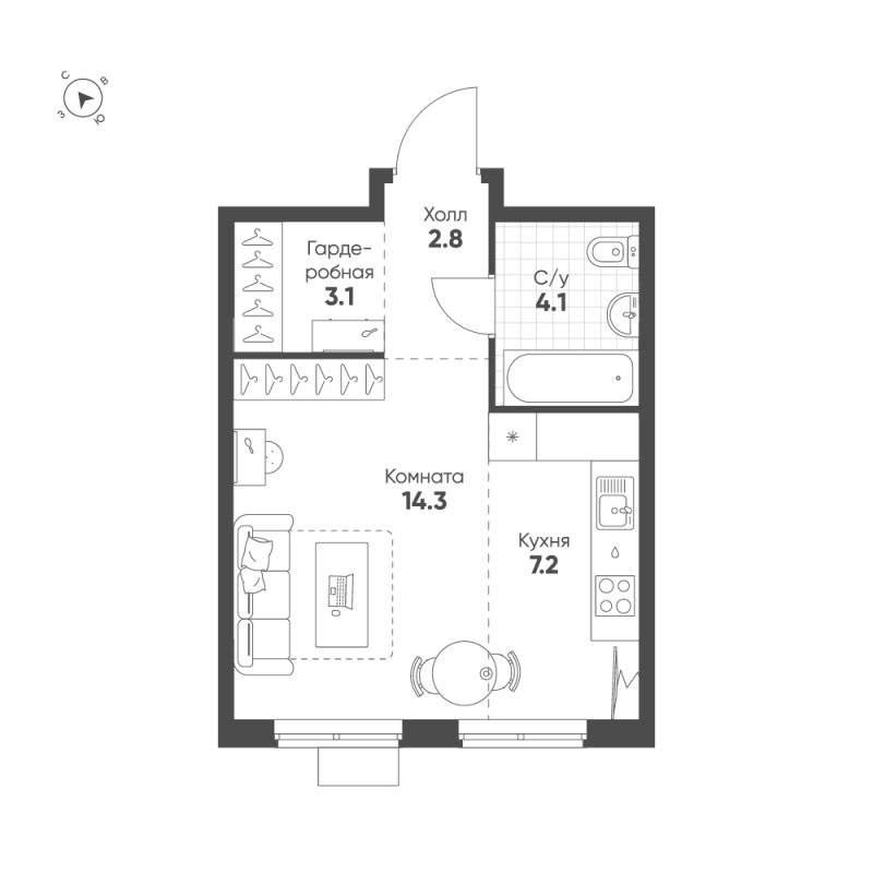 Студия 31,5 м²