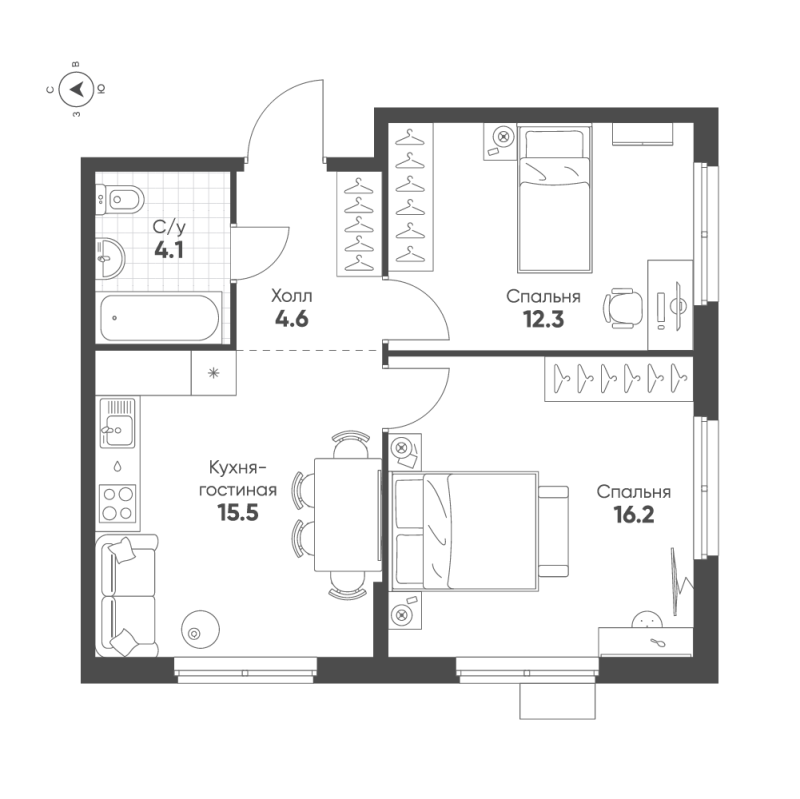 3 ккв (Евро) 52,7 м²