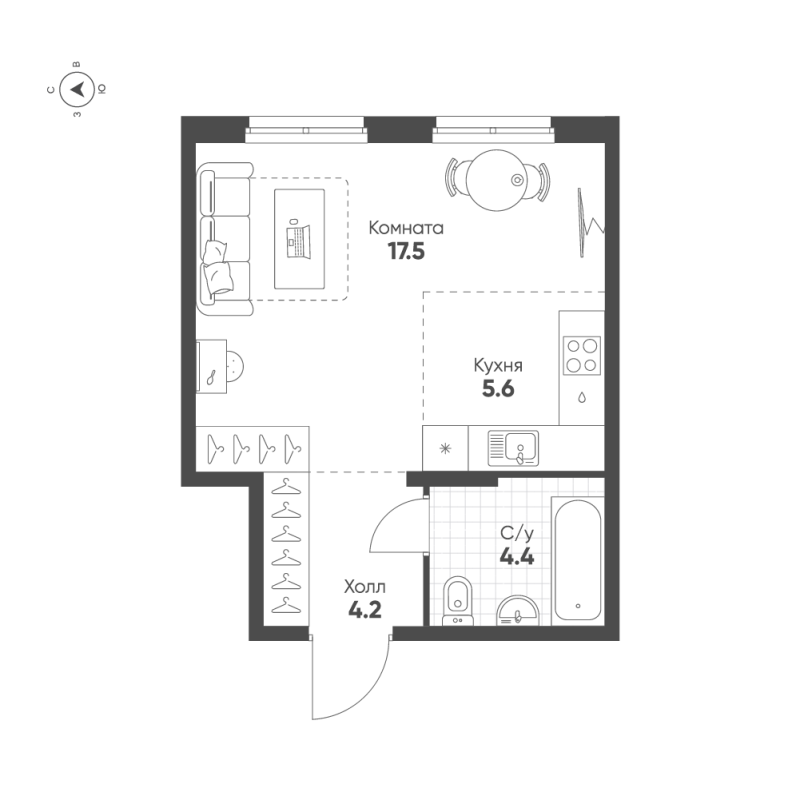 Студия 31,7 м²