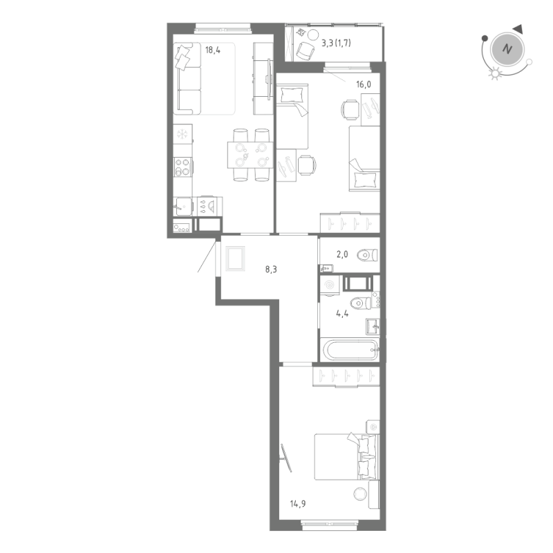 3 ккв (Евро) 65,8 м²