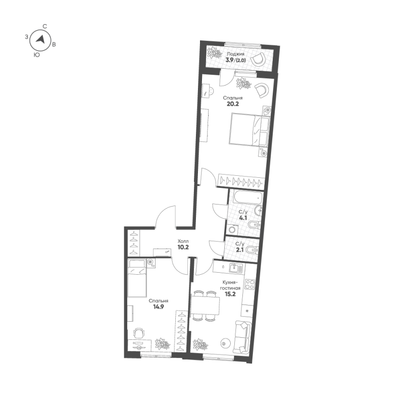3 ккв (Евро) 68,7 м²