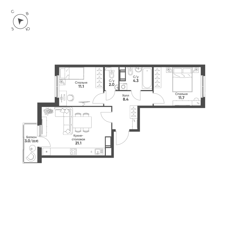 3 ккв (Евро) 59,5 м²