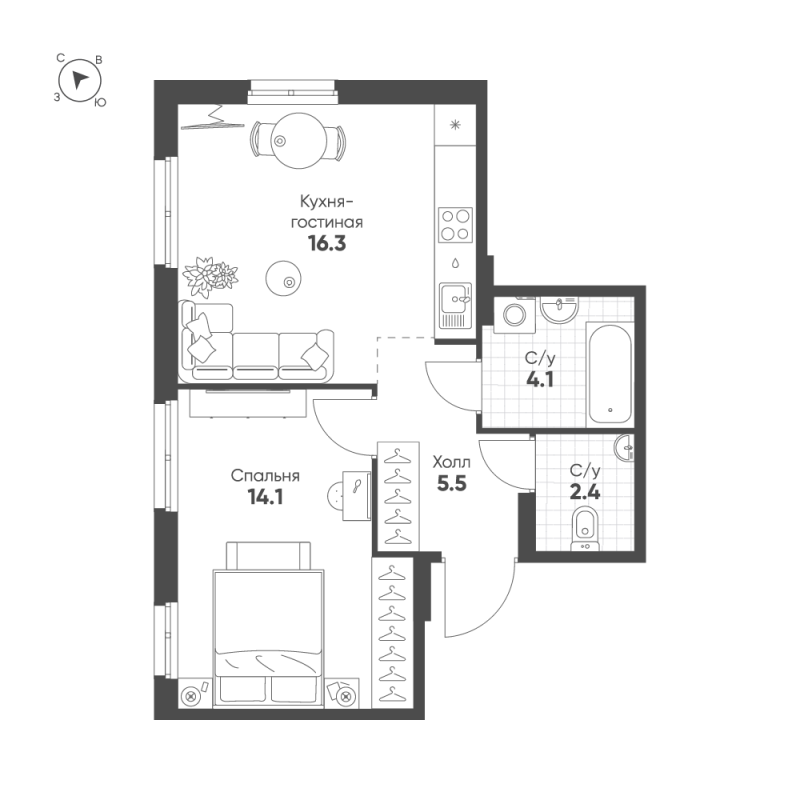 2 ккв (Евро) 42,4 м²