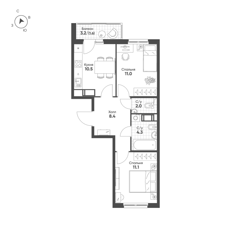 2 ккв 48,9 м²