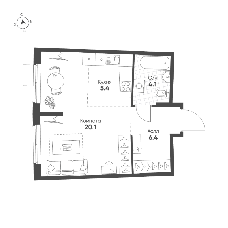 Студия 36 м²