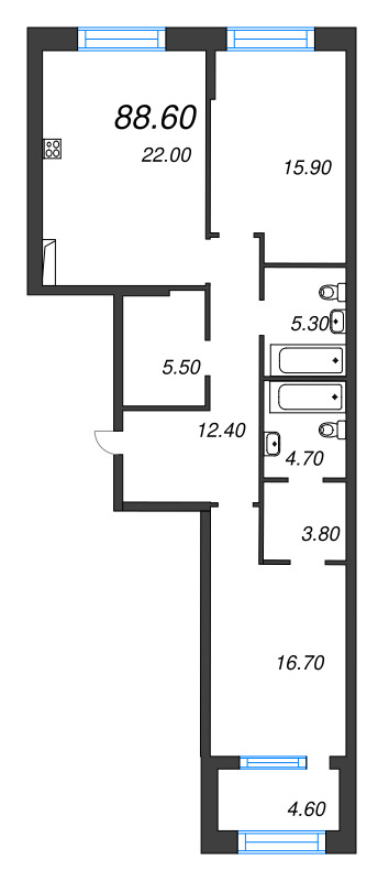 3 ккв (Евро) 88,6 м²