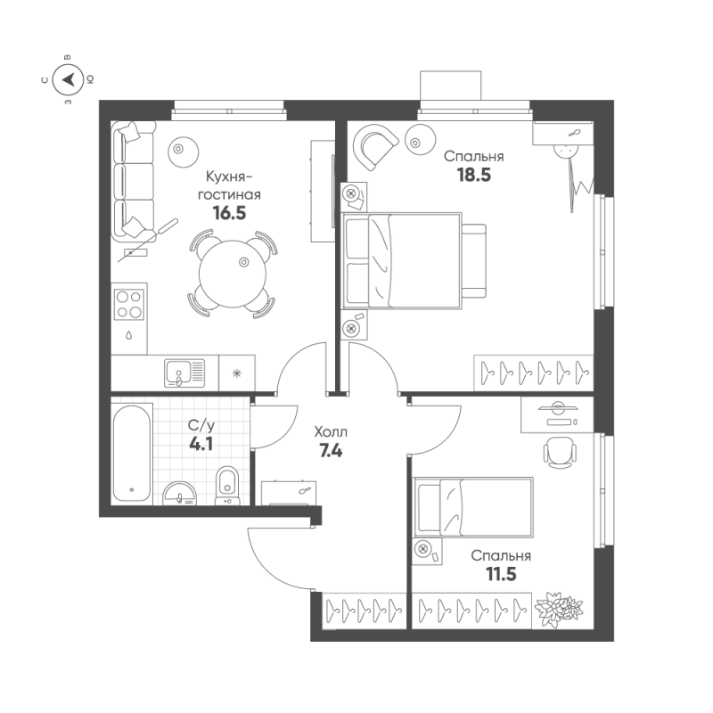 3 ккв (Евро) 58 м²