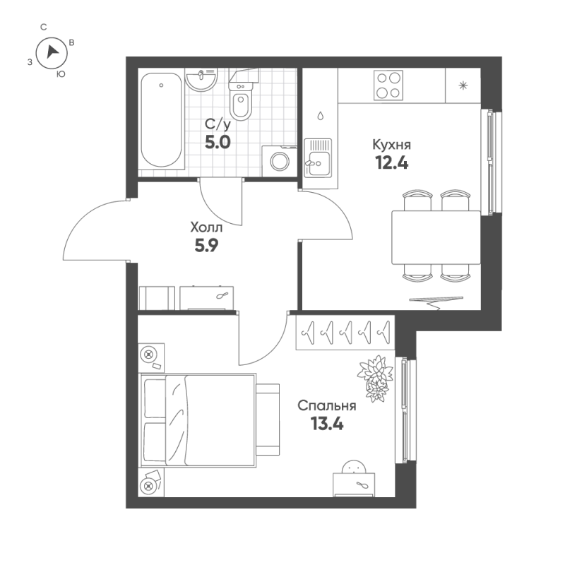 1 ккв 36,7 м²