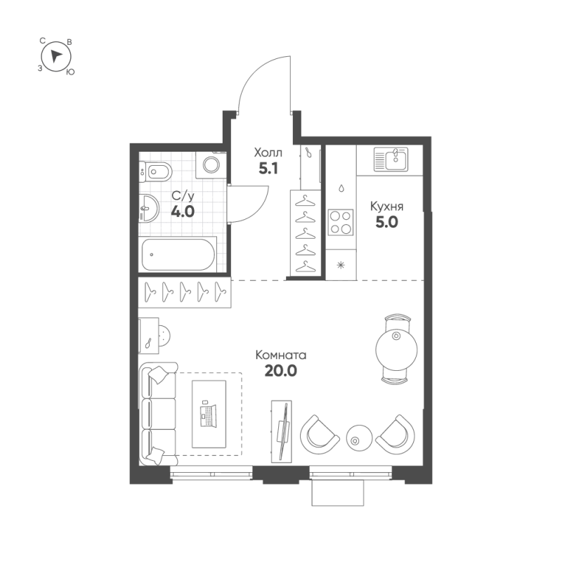 Студия 34,1 м²