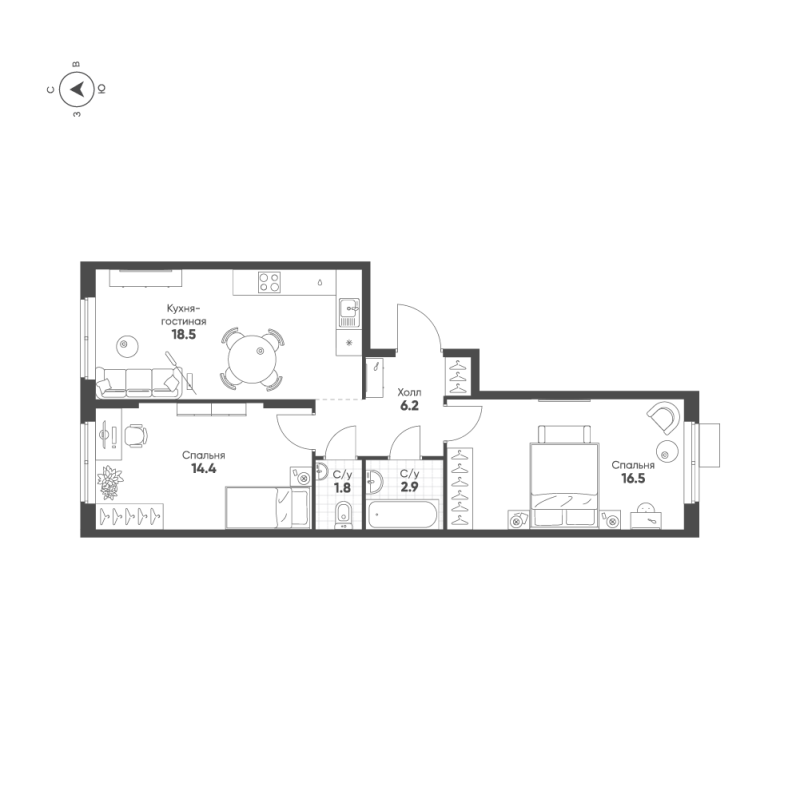 3 ккв (Евро) 60,3 м²