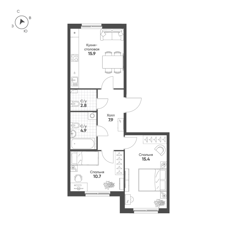3 ккв (Евро) 57,6 м²