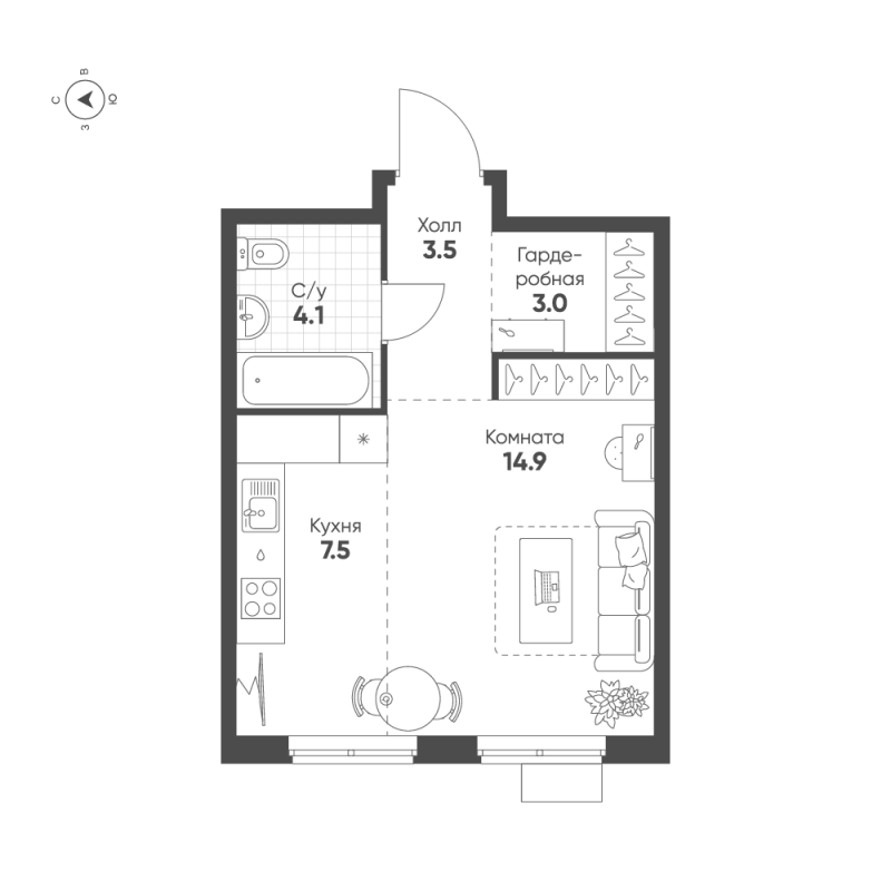 Студия 33 м²