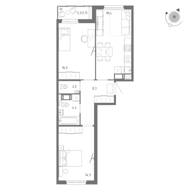 3 ккв (Евро) 65,7 м²