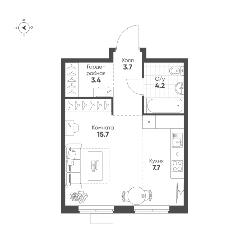 Студия 34,7 м²